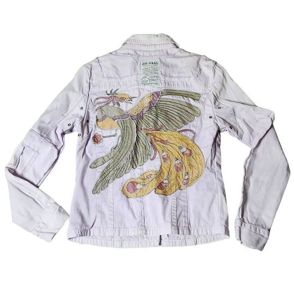 Da-Nang Jackets & Blazers - Da-Nang purple distressed embroidered peacock bird cargo button down jacket